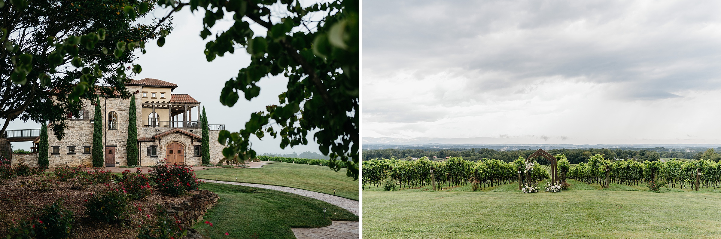 A pair of photographs showing the Tuscan-style stone villa at Raffaldini Vineyards and a floral ceremony arch set among the vine rows below a cloudy sky
